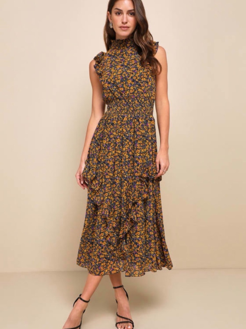 Lulus Evalina Mustard Yellow Floral Print Mock Neck Midi Dress M